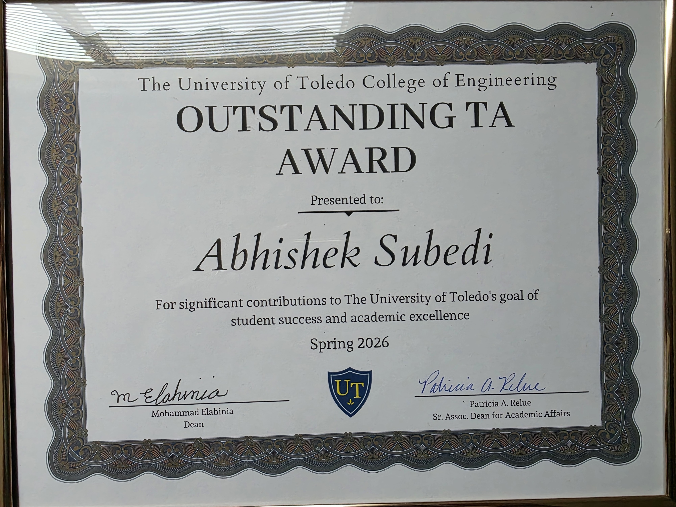 Outstanding TA Award certificate