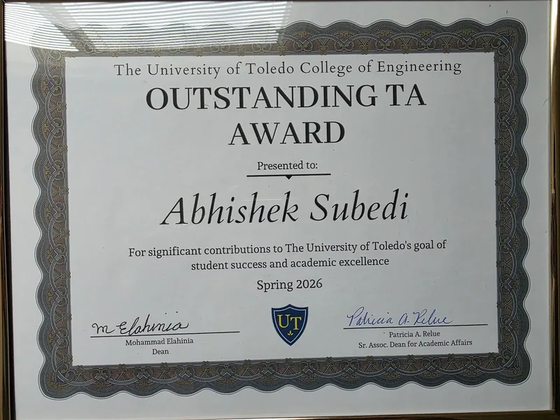 Outstanding Teaching Assistant award certificate